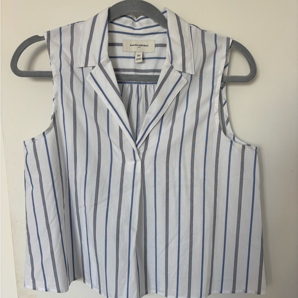 Banana Republic White and Blue Striped Sleeveless Blouse